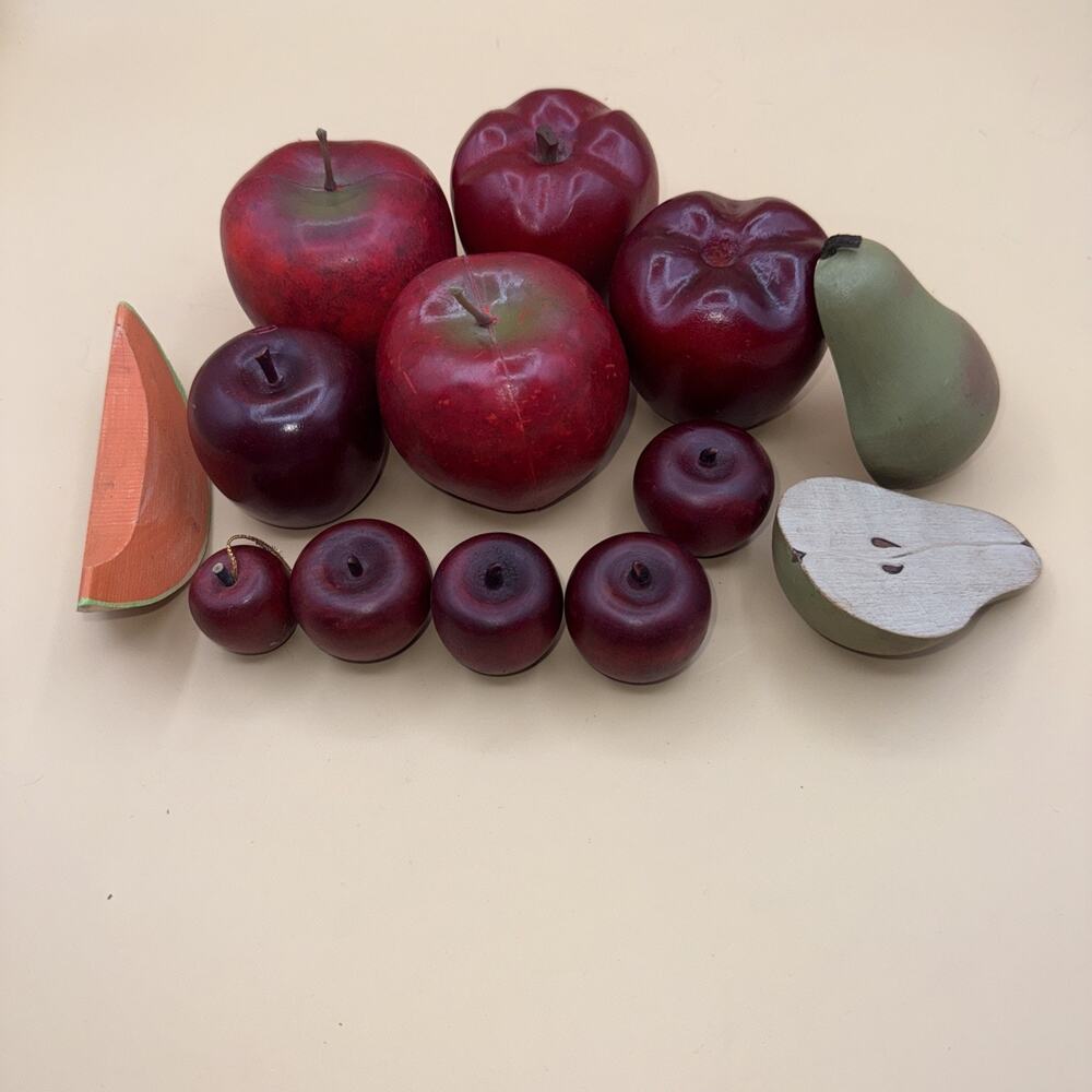 Vintage retro MCM Wooden Fruit Lot Hand Carved Retro Lot Apples Melon Pear